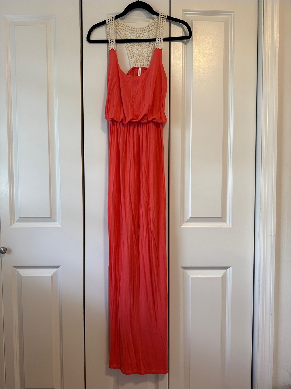 Coral Dress with Cream Crochet Yoke Maxi Dress